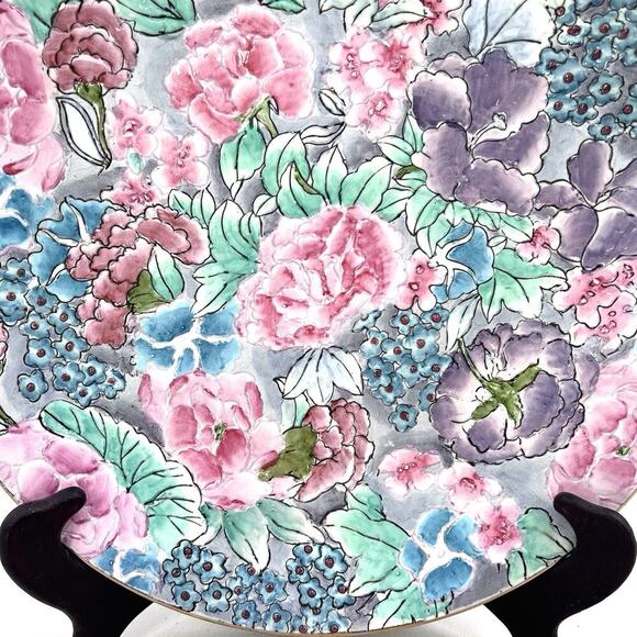 Vintage Asian Hand-Painted Floral Textured Decorative Plate 12" & Wooden Stand - Picture 2 of 5